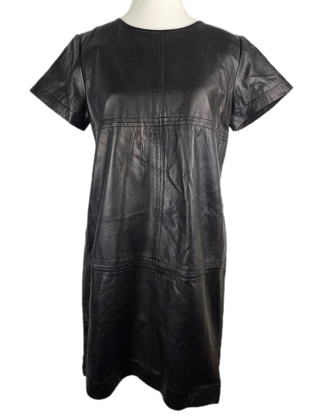 ZARA Minimalist 100% Leather Short Sleeve Sheath Dress Black